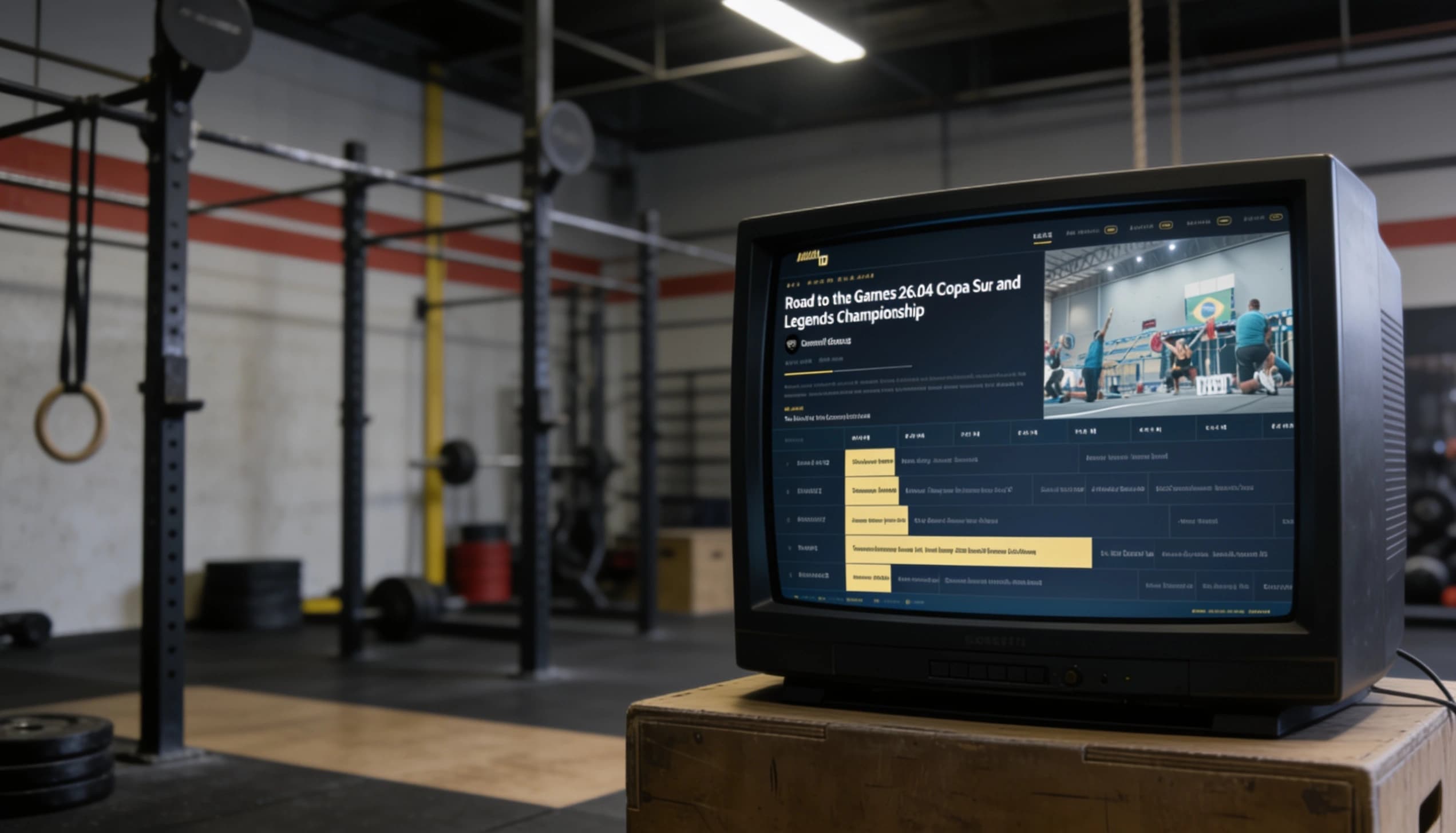 An old CRT television on a plyo box in a gym, playing the AMRAP.TV channel guide